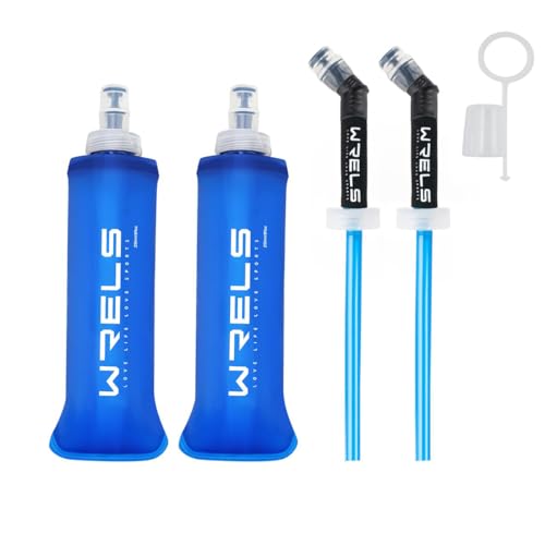 ソフトフラスク ハイドレーション ランニング ボトル 水筒 150ml/250ml/500ml 折りたたみ 防塵キャップ付き 軽量 トララン マラソン ハイキング 登山(青,250ml*2+ストロー*2)（Amazon）