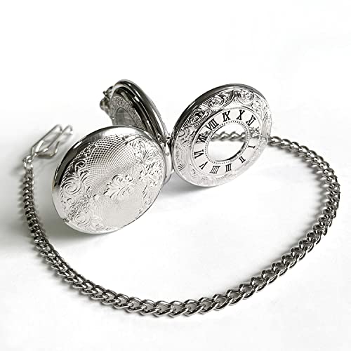 Vigoroso Mens Classic Steampunk Pocket Watch Black Skeleton Hand Wind Mechanical Watches In Box Mens Pocket Watch With Chain Half Hunter Double Cover Skeleton Mechanical Watches Silver #TOP4