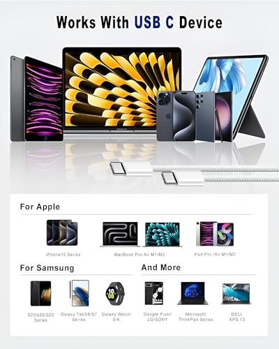 Image of iPhone 60W Fast Charger Braided Cable for iPhone 15 /15 Plus /15 Pro Max, MacBook, Samsung S24 ultra /S24 Plus /S23 /S22 /S23 Fe 5G,S21 fe, Nothing 2a /2, Galaxy Tab /Pad, USB C 60 w Charging Cord, White