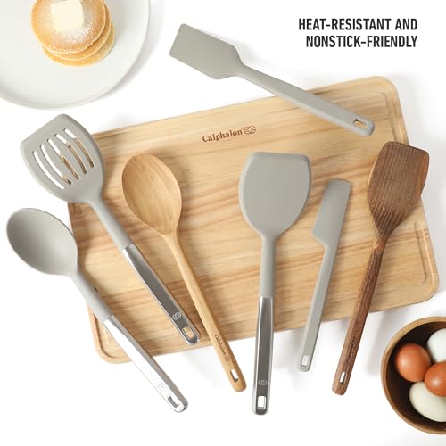 Image of Calphalon Prime 7-Piece Silicone and Teak Wood Kitchen Tool Set, Stainless Steel Kitchen Utensil Set, Kitchen Spoon And Spatula Set, Heat Resistant Non-Slip Kitchen Gadgets Set - Taupe