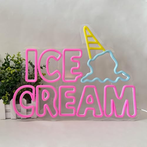 Image of Ice Cream Neon Sign, Neon Signs for Wall Decor, Yellow Blue Pink Light Up Sign Word LED Neon Sign USB Powered Neon Wall Signs for Bedroom Restaurant Cafe Drink Bar Business Ice Cream Shop