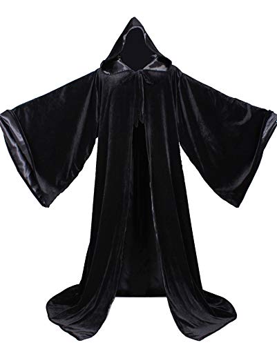 LuckyMjmy Velvet Wizard Robe with Satin Lined Hood and Sleeves (Black)