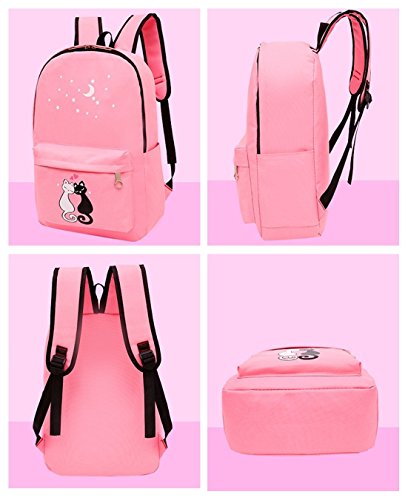 4Pcs Cute Cat Prints Canvas Primary School Bag Rucksack Backpack Set For Girls Elementary Bookbag #TOP2