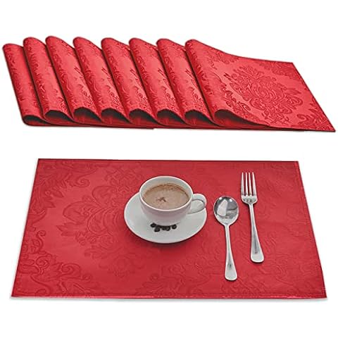 Homejoy Place Mats Set of 8 – Rectangle Rectangular Waterproof Fabric Polyester Cloth Washable Wipeable Heat Resistant Placemats for Kitchen Dining Dinner Table Indoor 13 X 19 Inch Red Cover