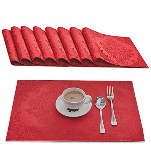 Homejoy Place Mats Set of 8 – Rectangle Rectangular Waterproof Fabric Polyester Cloth Washable Wipeable Heat Resistant Placemats for Kitchen Dining Dinner Table Indoor 13 X 19 Inch Red