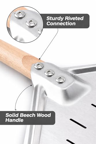 NSXVIA Pizzaschieber perforiert 39,5 * 30 * 2 cm – Aluminium Pizzaschaufel mit abnehmbarem Holzgriff, leichte Pizza Peel, Pizzaheber & Pizzawender für Ofen, Pizza Zubehör