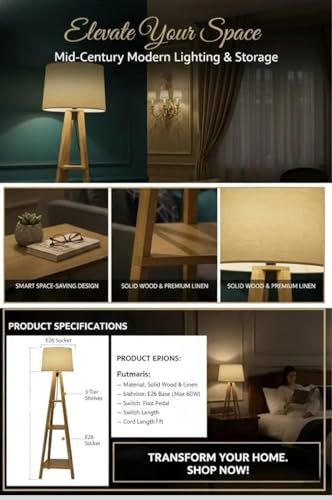 Image of Modern Floor Lamp with Storage Shelves, Wooden Frame, Linen Shade, Standing Light for Living Room, Home Decor