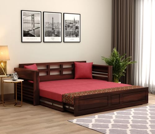 Image of Mamta Furniture Sheesham Wood 3 Seater Sofa Cum Bed | Living Room & Guest Room | Walnut Berry Diamond Finish | Queen Size Palang | Master Bedroom | DIY Assembly