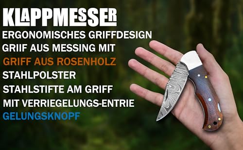Novahaven Damaststahl Taschenmesser – Klappmesser für EDC, Jagd, Camping & Survival mit Holz-, Knochen- oder Harzgriff – Outdoor Geschenk-Messer (Mehrere Farben) (Naturholz)