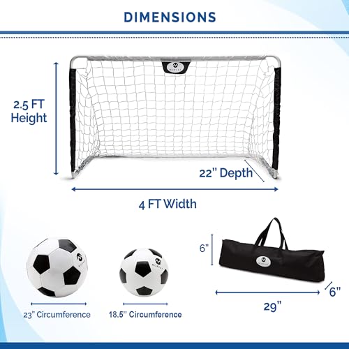 Morvat Kids Metal Poles Soccer Goal Set Portable Lightweight Training Equipment Backyard & Indoors Premium 48”x30” Net, 2 Size Soccer Balls, Ball Pump, Storage Bag – Black/White - Thumbnail 5