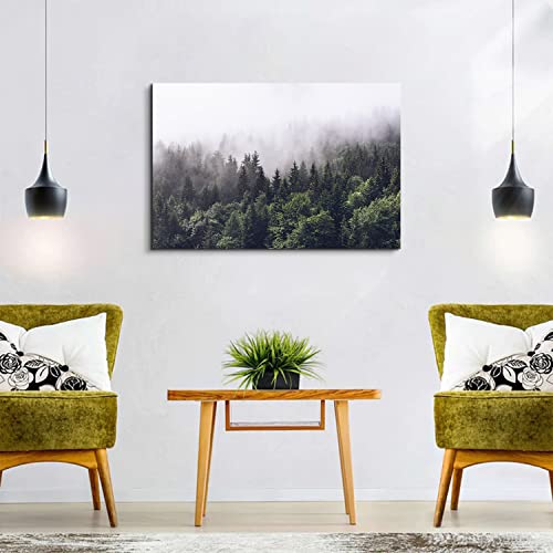 Image of Nature Forest Wall Art for Living Room Misty Mountain Landscape Canvas Picture Decor 24x36 inch Nordic Green Foggy Forest Pine Tree Scenery Print Painting Artwork for Bedroom Office Modern Home Decoration