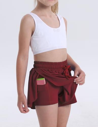 Flowy Butterfly Shorts for Girls 2-in-1 Athletic Running Skirt Shorts Cheer Tennis Dance Preppy with Spandex Liner(Wine red,X-Large)