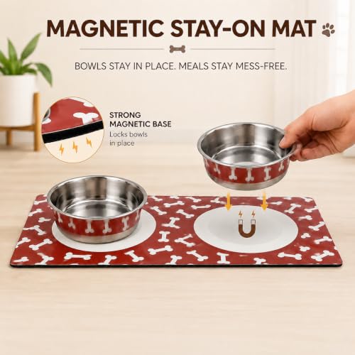 Image of Stay On Mat Stainless Steel Pet Bowl Combo with Magnetic Base | Double Feeding Bowl Combo for Providing Food and Water to Beloved Dog, Puppies & Cats (Stay on Mat, 940ml)