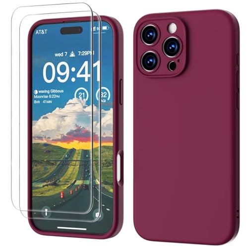 GOODVISH 3 en 1 Funda iPhone 16 Pro Silicona Líquida, Carcasa con 2 x Templado Protectora, 360 Protección de Cuerpo Completo la Pantalla y la Cámara [Anti-Choques] iPhone 16 Pro Case 6,3', Rojo Vino