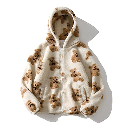 Oversized Sherpa Jacket For Women Fuzzy Fleece Cute Teddy Bear Print Coat Zip Up Long Sleeve Hooded Outwear With Pocket White #TOP1