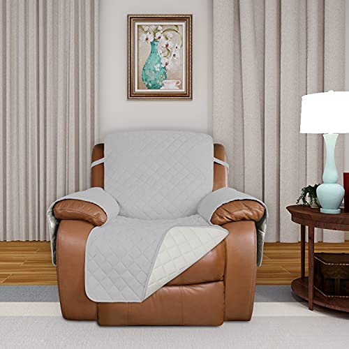 Image of PureFit Reversible Quilted Sofa Cover, Water Resistant Slipcover Furniture Protector, Washable Couch Cover with Non Slip and Elastic Straps for Kids, Dogs (Oversized Recliner, Light Gray /Ivory)