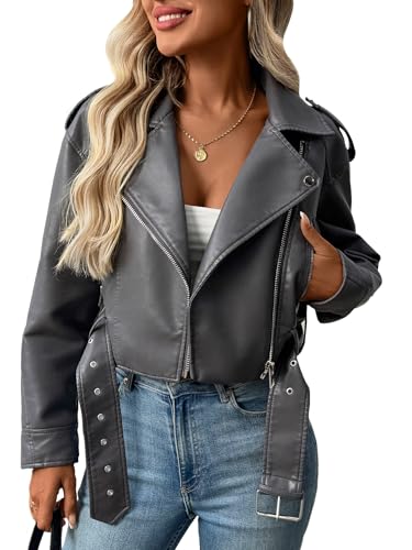 LY VAREY LIN Women Faux Leather Cropped Jacket Vegan Motor Biker Coat with Belt
