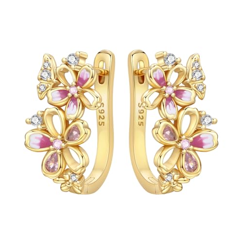 Image of Cycuff 925 Sterling Silver Hoop Earrings Colourful Cubic Zirconia Jewellery Earrings for Women Set Earrings Gifts for Her (Cherry Blossom Butterfly Hoop Earrings)