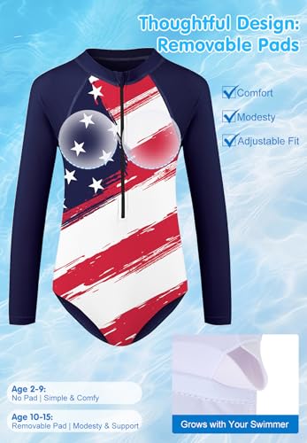 Image of Zando UPF50+ Girls Long Sleeve One Piece Swimsuit with Zipper - Rash Guard for Teens Toddler Kids 2-15 Years