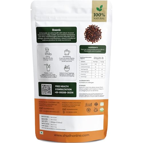 Image of Homeda Sea Buckthorn Berry Dry (500g) Organic Seabuckthorn Berries Original Dried - With Vitamins, Antioxidants, Omega 3 6 7 & 9 | Himalyan See Buck Thorn Plant | Pure Leh Seabuck Berry