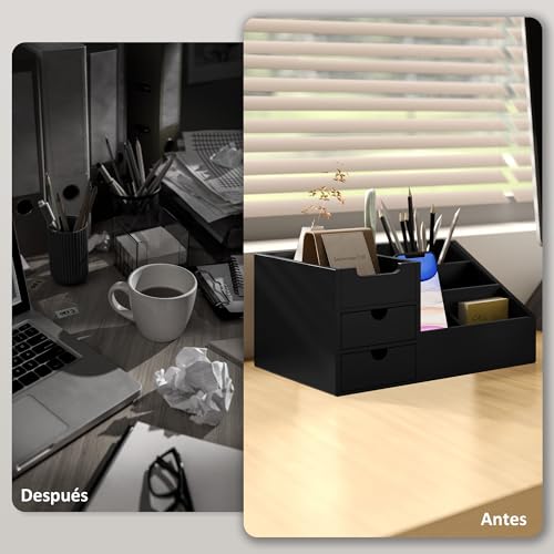HOMCOM Organizador de Escritorio de Bambú Organizador de Mesa con 2 Cajones 6 Compartimentos y Estante para Oficina Hogar 33x20,5x15,5 cm Negro - imagen 3