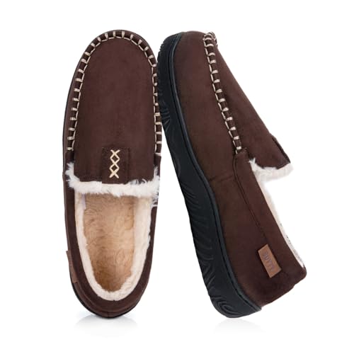 BOVTY House Slippers for Men Moccasins - Memory Foam&Warm Plush Indoor Outdoor Slip-on Loafers Brown