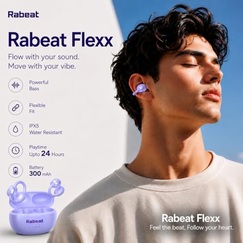 Image of Rabeat Flexx Air Buds OWS Earbuds with Clip-On Fit, Air Conduction Tech, 50HRS Battery, 4Mics ENx, Dual EQ Modes, 10mm Drivers, 40ms Latency, Bluetooth Wireless Earphones, Cool Purple