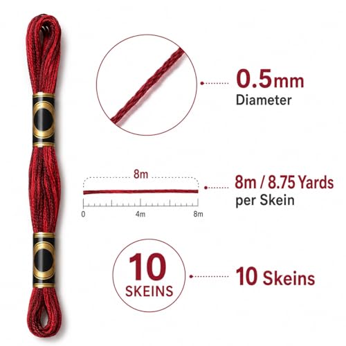 Image of FASHEWELRY 10 Skeins Dark Red Embroidery Floss Friendship Bracelet String Threads 6-Ply 0.5mm Cross Stitch Embroidery Thread for Sewing Bracelet Making Stitching Crafts