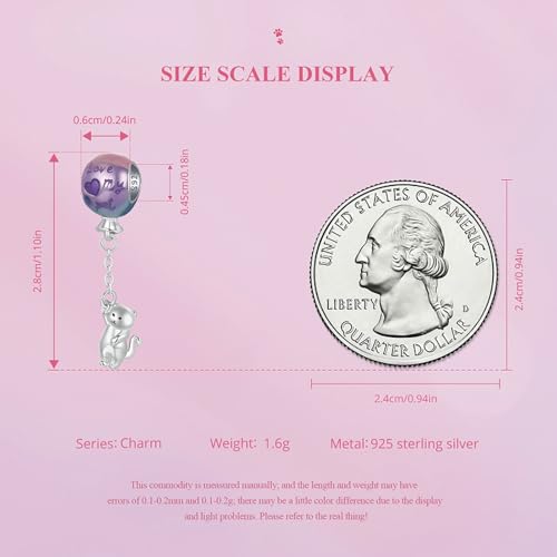 Dije de gato volador en plata de ley 925 con globo morado para pulseras 5
