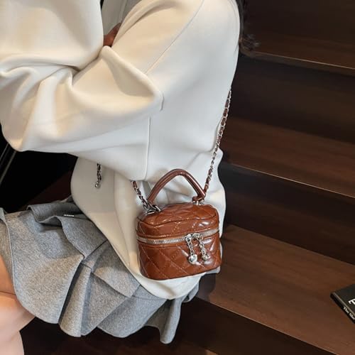 Wynndora Mini Box Crossbody Bag, Chestnut Quilted Metallic Purse with Chain Strap, Top Handle & Heart Charm, Women's Evening Clutch by Wynndora - Used condition - Image 3