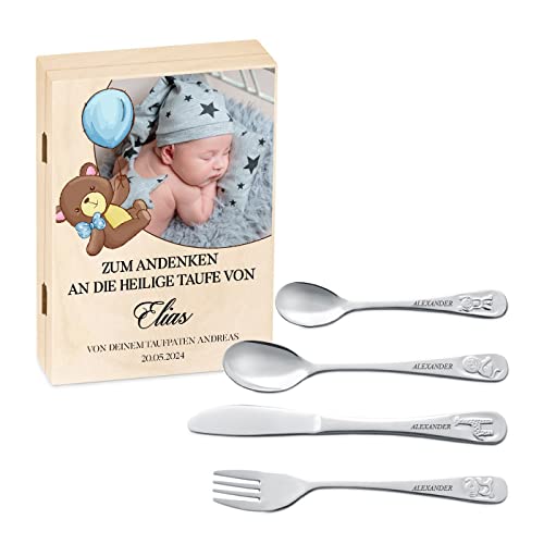 Maverton Kinderbesteck Set mit Gravur + Holzbox mit Aufdruck - aus Edelstahl - mit Tieraufdruck - 4-teilig - personalisierbar - Braun - Geschenk Geburtstag, Taufe, Geburt - Foto 2