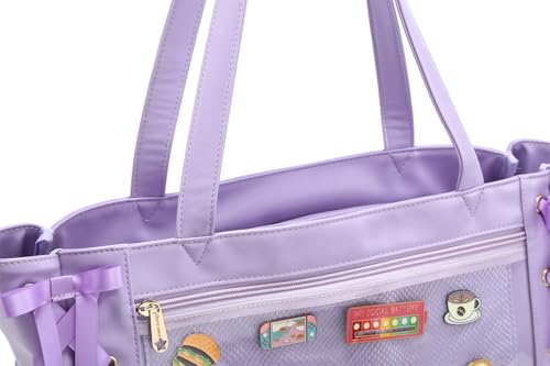 Image of Silk Ribbon Tote Bag Ita Bag Shoulder Bag Faux Leather Kawaii Purses and Handbags with Pin Display
