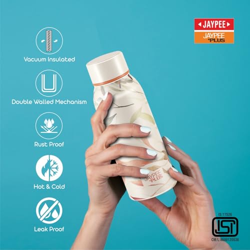 Image of Jaypee Plus Punch Prime Stainless Steel Printed Vacuum Insulated Water Bottle 500 ml | ISI Certified Rustproof & Leakproof Flask with 24Hrs Hot & Cold Ideal for School Kids, Office & Travel -(Cream)
