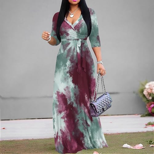 Image of PinkPatty Women's Print Maxi Dresses 3 /4 Sleeve Flowy Long Dress V Neck Wrap Tie Waist Sundress