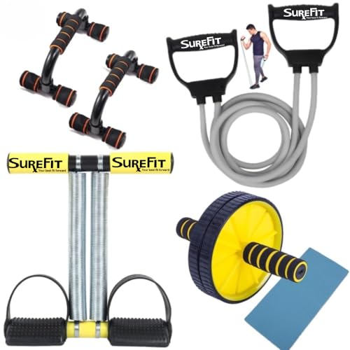 Image of SUREFIT Double Spring Tummy Trimmer, Resistance Toning Tube, Ab Roller & Push-Up Bar | 4-in-1 Home Gym Combo Full Body Fitness Kit for Men & Women | Home Workout Set Yellow