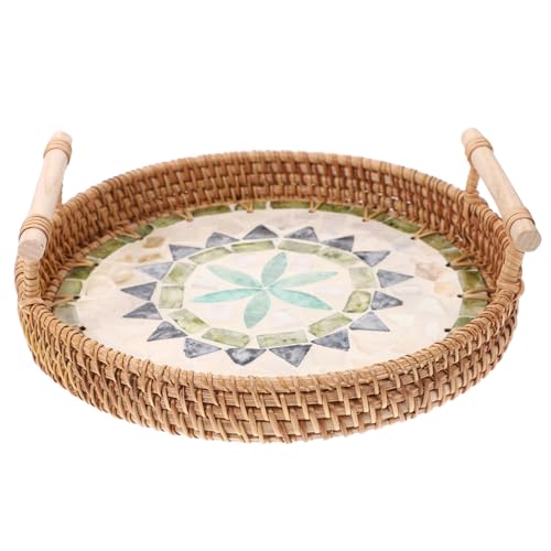 Handmade Rattan Oval Serving Tray for Coffee Table Fruit Snack Dish with Shell Design Bamboo Weaving Decorative Serving Plate for Desktop Display