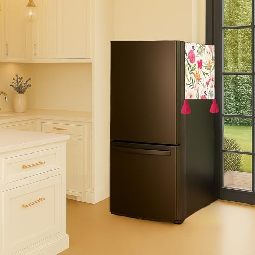 Image of WWW.THROWPILLOW.IN Fridge Top Cover with Tassels for Double Door 400+L | Large Size Dustproof Refrigerator Cover | Corner Tassels | Floral Print | Double Door Fridge Cover Top Mat