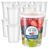 Food Storage Containers with Lids, Round Plastic Deli Cups, US Made, 32 oz, Quart Size, Leak Proof, Airtight, Microwave & Dishwasher Safe, Stackable, Reusable, White [24 Pack]