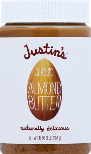 Image of Justin's Classic Almond Butter, Only Two Ingredients, No Stir, Gluten-free, Non-GMO, Keto-friendly, Responsibly Sourced, 16 Ounce Jar, (Pack of 2)