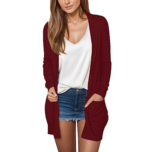KBOPLEMQ Cárdigan de punto para mujer, manga larga, abierto, abrigo de punto, informal, alto, elástico, con bolsillos, chaqueta cortavientos de verano con botones, color liso, chaqueta de verano