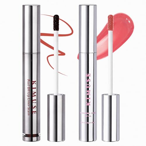 KIMUSE Lip Stain Peel Off & Lip Oli Set,Lápiz de Contorno de Labios Extraíble - Delineador Mate Impermeable de Larga Duración, Aceite Labial Hidratante con Vitamina E y Aceite de Jojoba