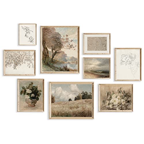 Vintage Wall Art Decor Rustic Wall Decor Aesthetic Farmhouse Wall Pictures Vase Flower Boho Canvas Wall Art Prints Netural Wall Art for Bedroom Living Room Nature Landscape Jasmine Tree Sea Grassland