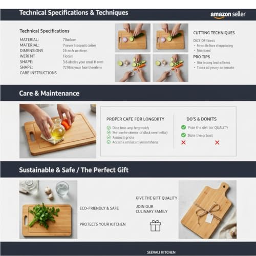 Image of Natural Wood Cutting Board, Acacia Hardwood, 34x24cm, Knife-Friendly Surface, Integrated Handle, Warp-Resistant, Rectangular Kitchen Chopping Block