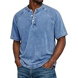 Mens Henley Shirts Short Sleeve Distressed Washed T Shirts for Men Vintage Relaxed Fit Big and Tall Acid Wash Tshirt Heavyweight Crew Neck Collared Denim Shirt Golf Polos Cotton Tee Shirt