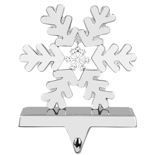 Hooqict Snowflake Stocking Holders with Pendant for Mantel Silver Metal Snowflake Fireplace Stocking Holder Christmas Stocking Hanger Hook for Christmas Decorations Xmas Holiday Supplies