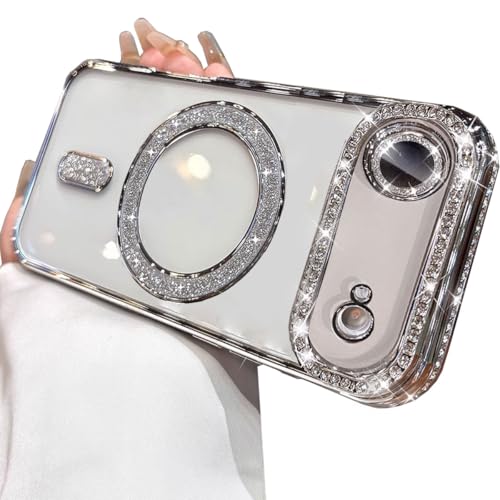 AuroiCCY for iPhone Air Case Magnetic, [Compatible with MagSafe] Women Cute Clear Glitter Bling Diamond Rhinestone Sparkly Case Camera Lens Protectors Plating Cover for iPhone 17 Air, Silver