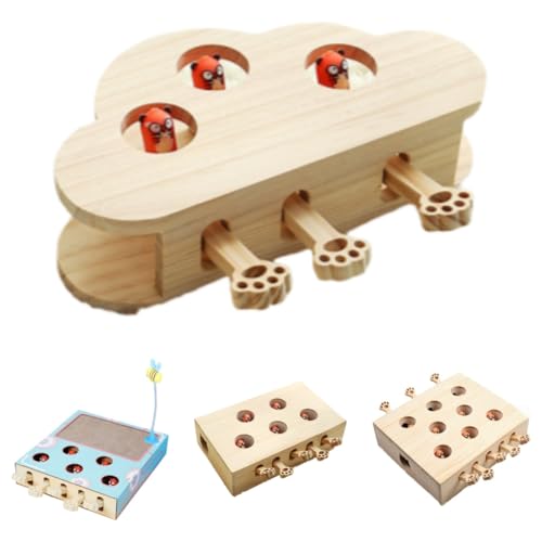 Sandqvipa木製 猫 おもちゃ 猫じゃらし モグラ叩き ネコ ねこのおもちゃ 厳選木材使用 安全素材 木箱 ねこじゃらし ペット マウス ネズミ 知育玩具 ペットグッズ 自分で遊ぶ好奇心をくすぐる もぐらたたき 運動不足 ストレス解消 (3つの穴,人