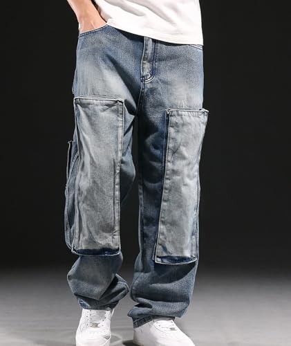 Men's Baggy Cargo Denim Pants Regular Fit Straight-Leg Hip Hop Jeans with Multiple Pockets2