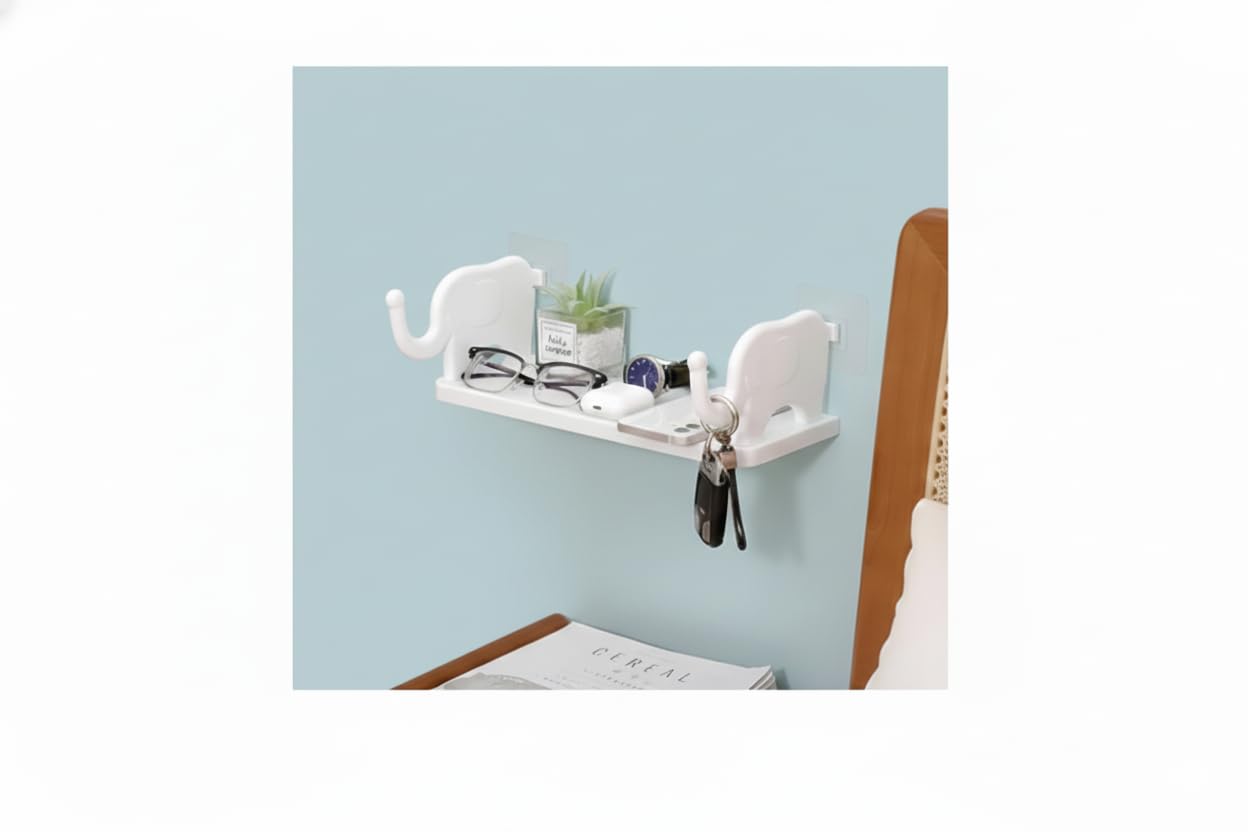 Plastic Elephant Self-Adhesive Wall Shelf | No-Drill Floating Wall Rack for Home Decor & Kids Room | Strong Adhesive Storage Shelf for Toys, Showpieces, Perfumes | Cute Elephant Design Wall Organizer-image-0
