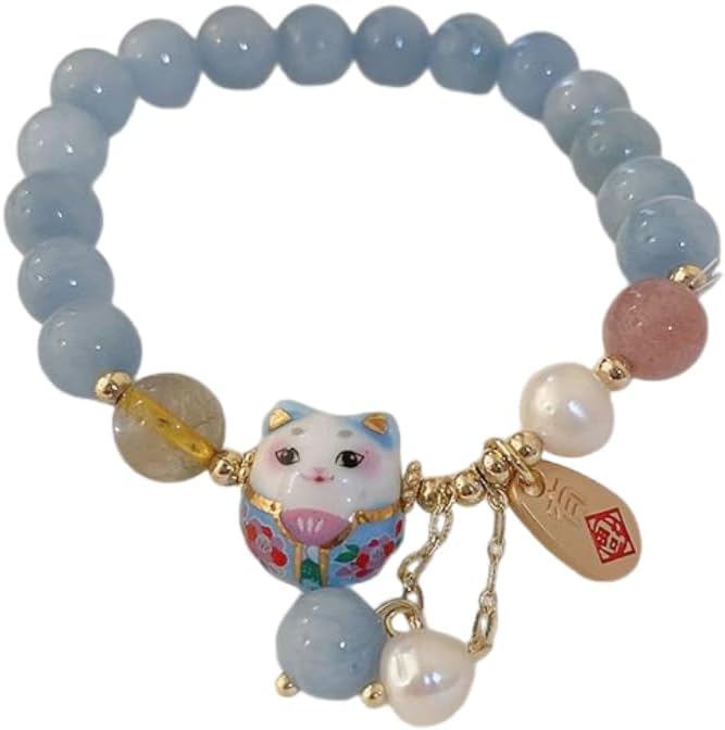 DATOA Cute Lucky Cat Blue Crystal Beaded Bracelet for Women Simple Cat Animal Charm Bracelet Good Luck Protection Money Attraction Jewelry